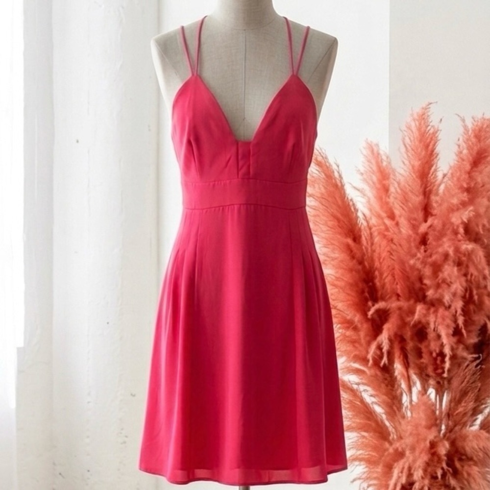 Express| Vibrant Pink Spaghetti Strap V-Neck Open Back Mini Dress Sz 10